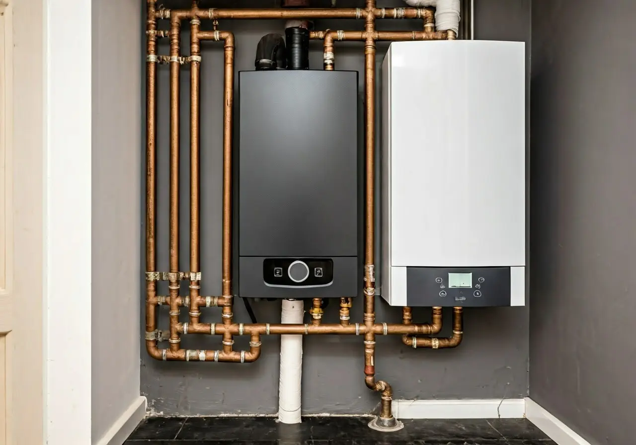 A modern boiler system installed in a cozy Glasgow home. 35mm stock photo