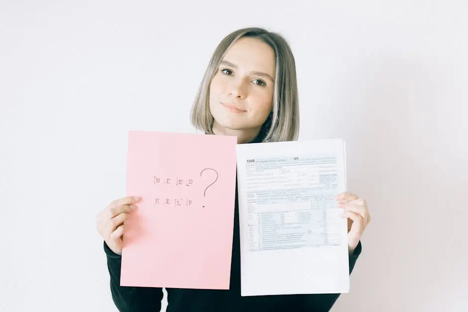 A woman in a black shirt holds tax forms and a ‘Need Help?’ sign, indoors.