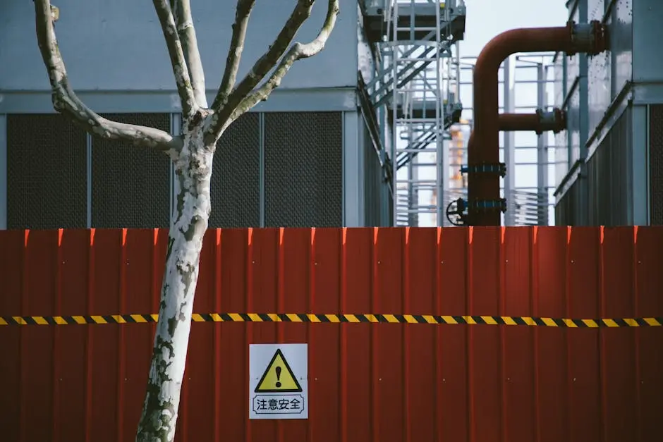 A red fence with a warning sign at an industrial site, with a bare tree and pipe structures.