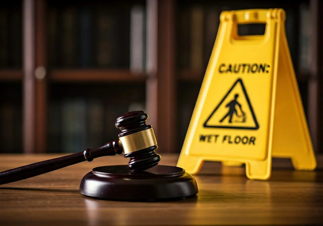 A legal gavel next to a Caution: Wet Floor sign. 35mm stock photo