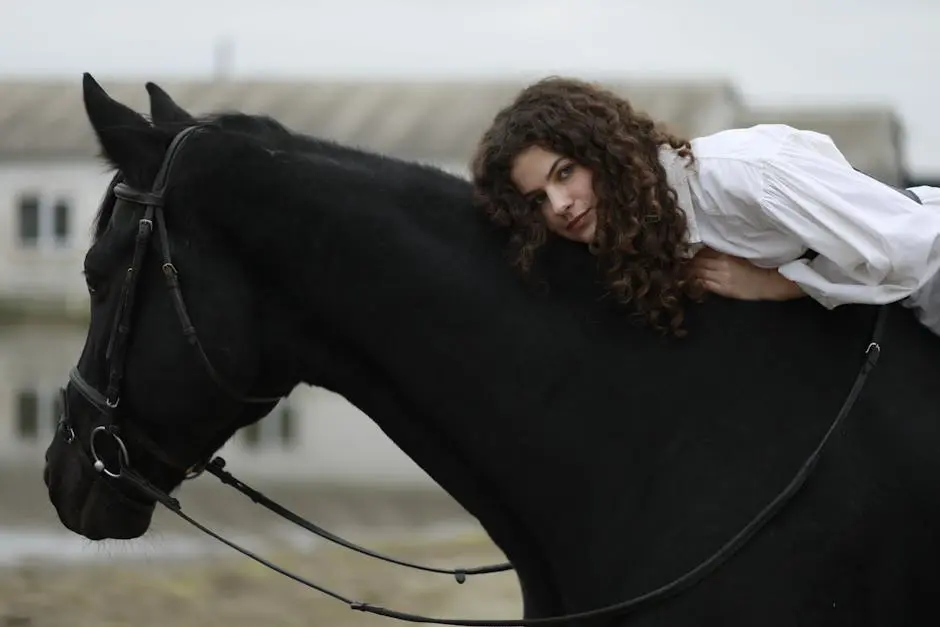 Young woman in a white shirt lying on a black horse, portraying tranquility.