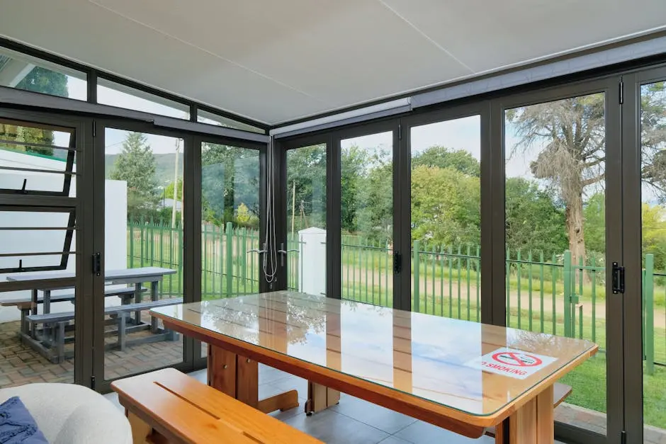 Bright sunroom with glass doors opening to a garden view, perfect for relaxation.