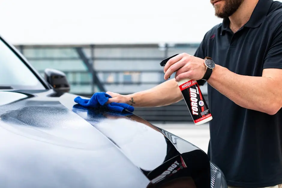 Man using cloth and spray to clean and detail a car hood outdoors.