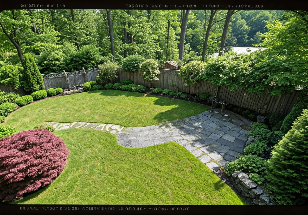 Aerial view of a beautifully landscaped Hudson Valley backyard. 35mm stock photo