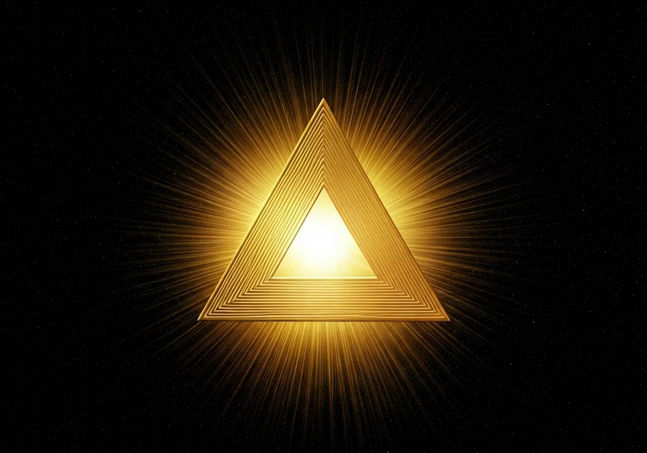 A golden triangle symbol radiating energy against a starry background. 35mm stock photo