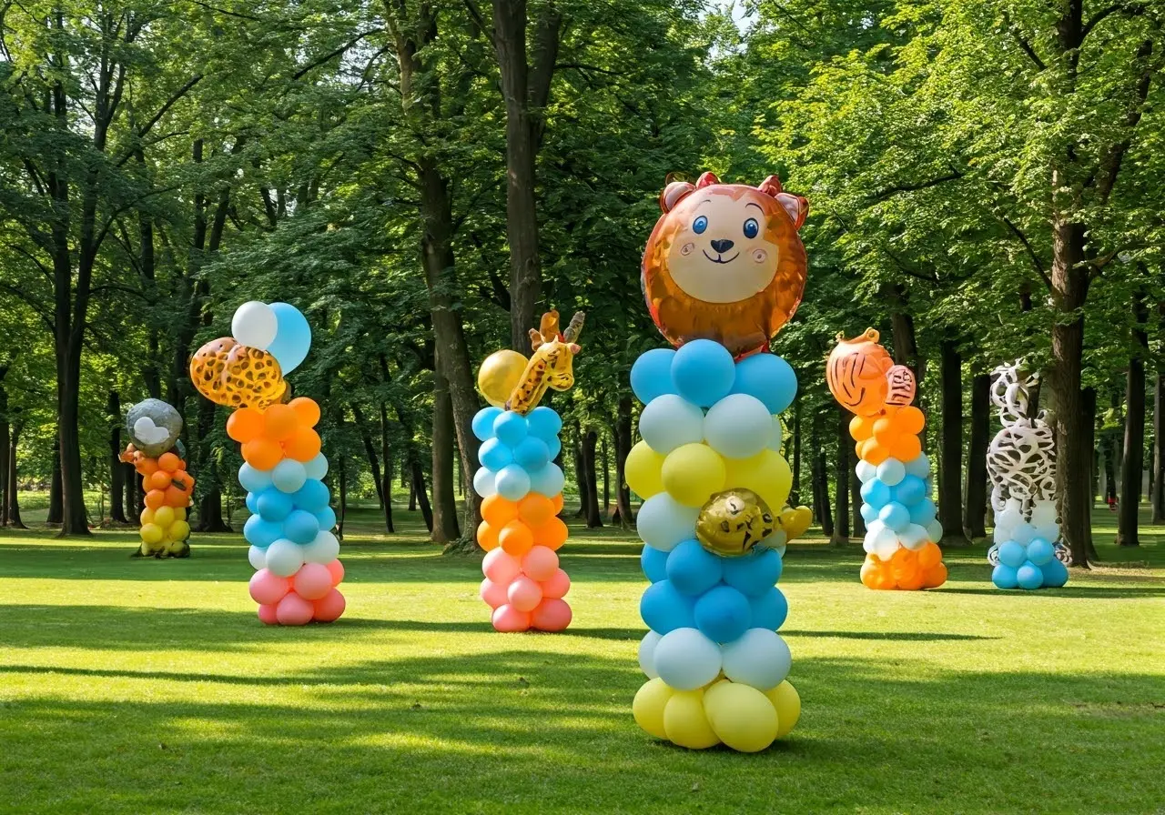 Colorful balloons and animal-themed decorations in a green park. 35mm stock photo