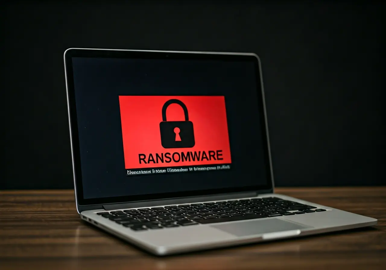 A locked laptop screen displaying a red ransomware warning. 35mm stock photo