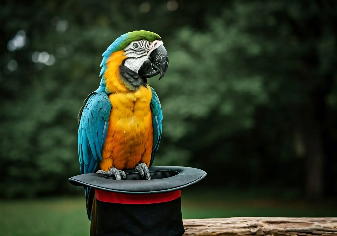 An exotic parrot perched on a magician’s hat. 35mm stock photo