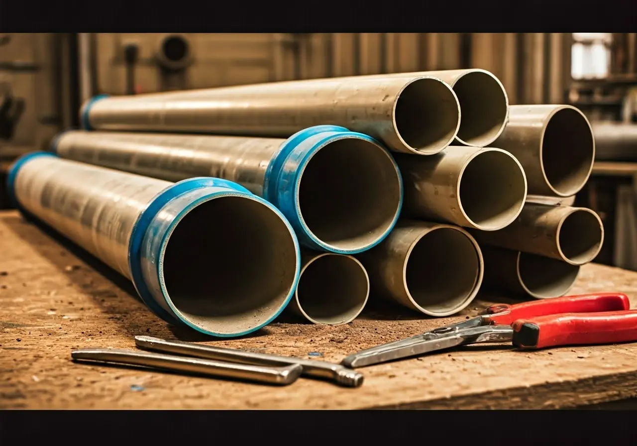 Stacks of PVC pipes and plumbing tools on a workshop bench. 35mm stock photo