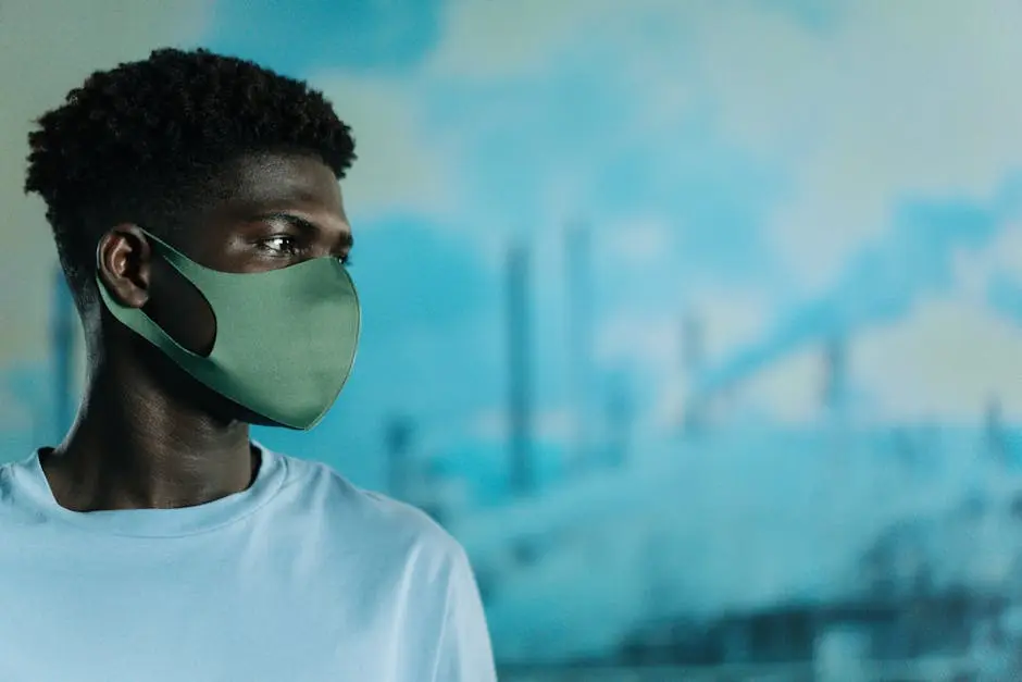 A man wearing a face mask stands against a backdrop of industrial pollution, highlighting environmental concerns.