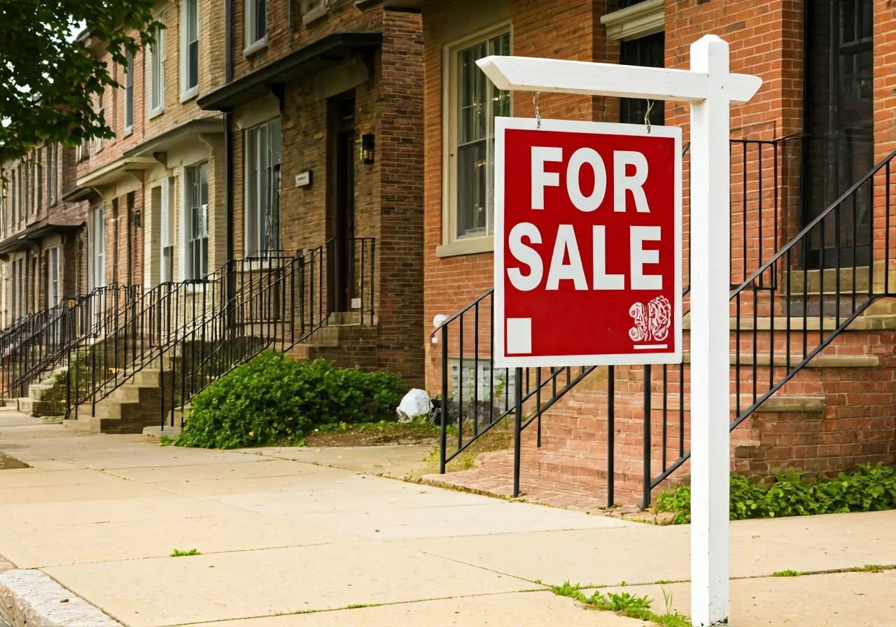 A For Sale sign in front of a Baltimore townhouse. 35mm stock photo