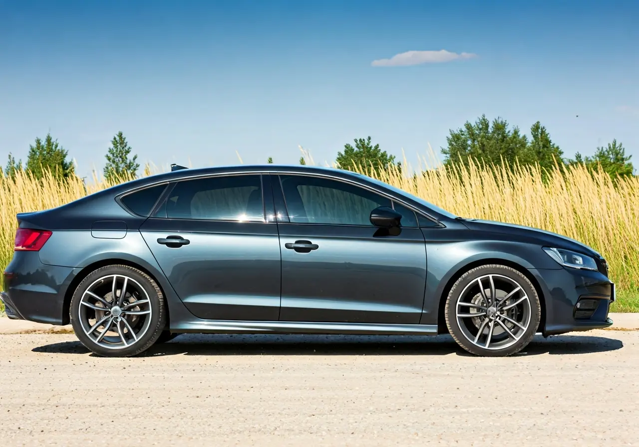 A car with tinted windows parked under a sunny sky. 35mm stock photo