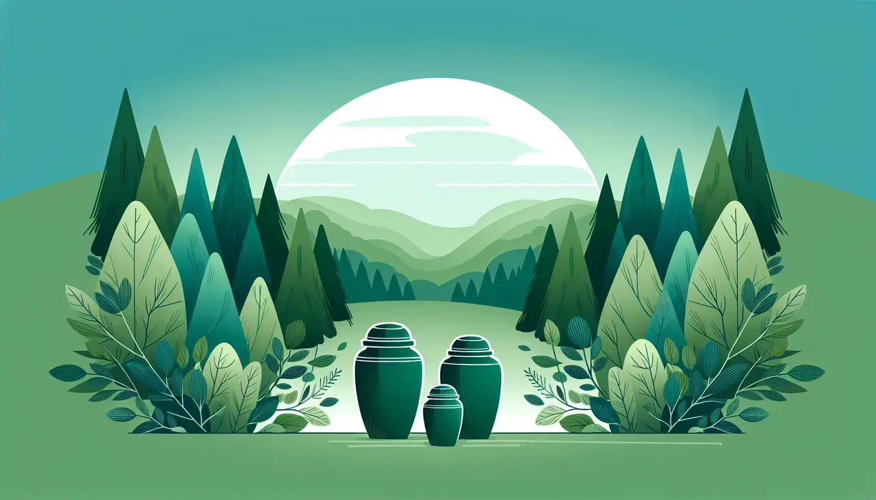 Draw a graphic in flat design style. A peaceful flat design illustration of eco-friendly cremation urns surrounded by lush greenery and a subtle blue sky backdrop.