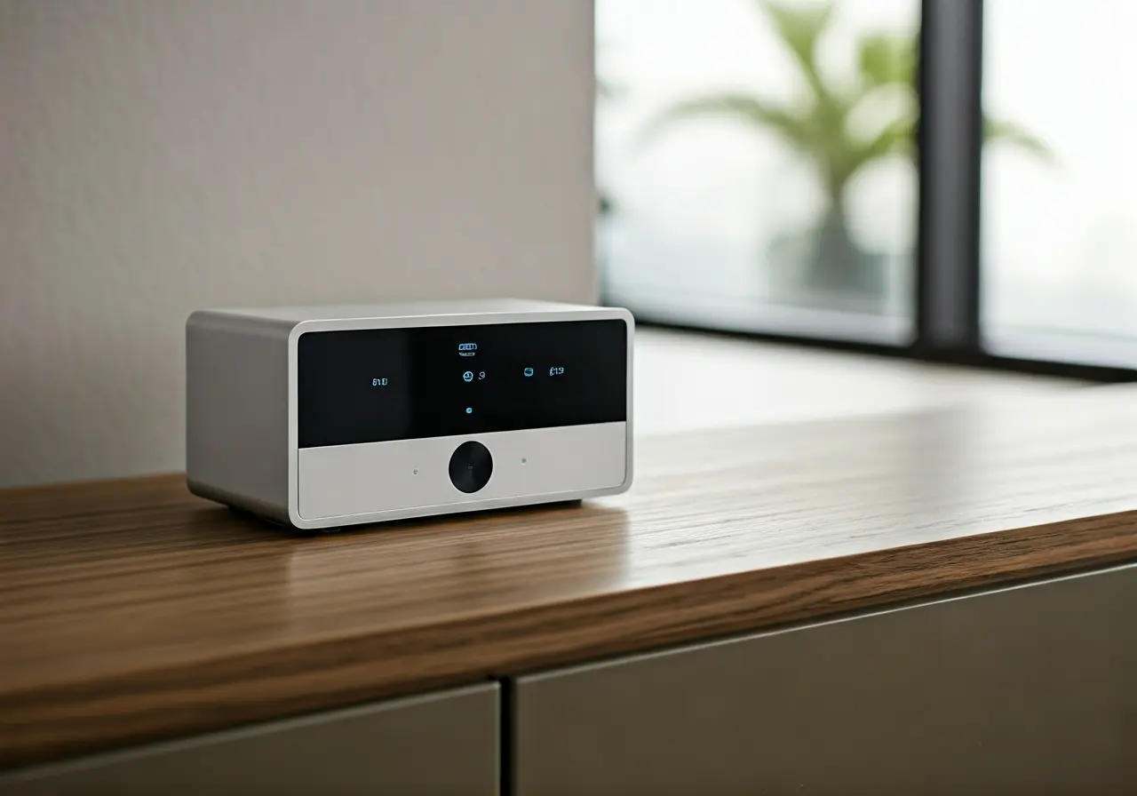 A modern living room with high-tech Crestron smart devices. 35mm stock photo