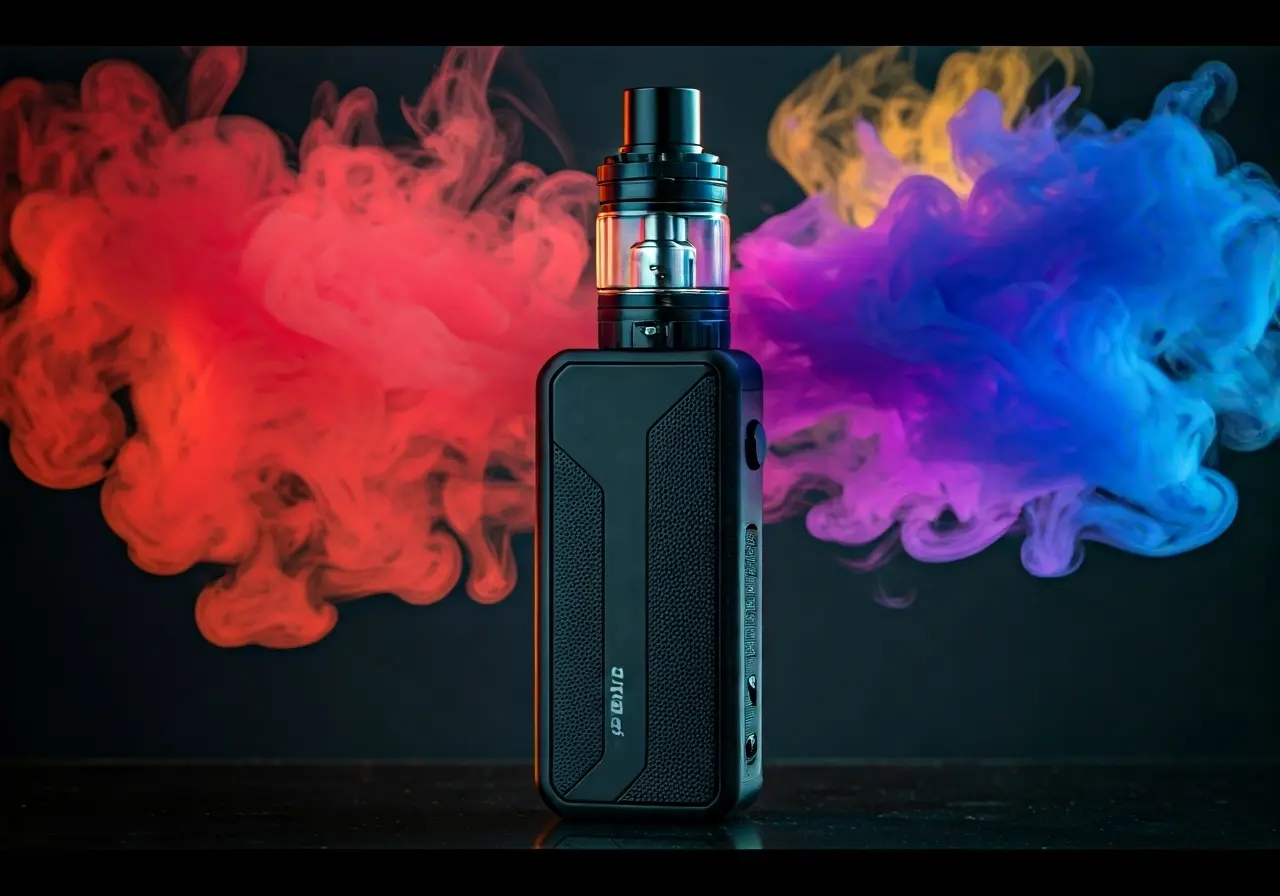 Colorful vapor clouds surrounding the sleek Geekbar Pulse device. 35mm stock photo