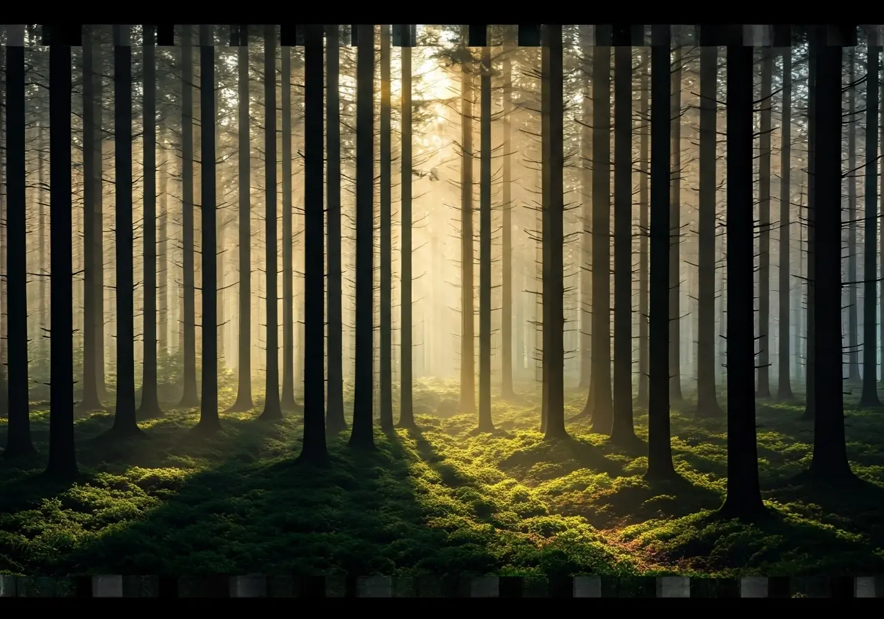 A serene forest with mystical fog and gentle sunlight. 35mm stock photo