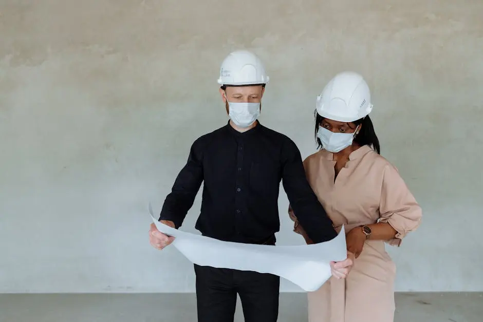 Two architects wearing face masks and hard hats review building plans indoors, ensuring safety.