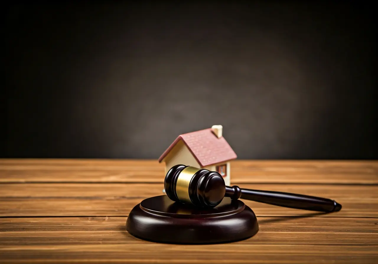 A gavel beside a miniature house on a wooden desk. 35mm stock photo
