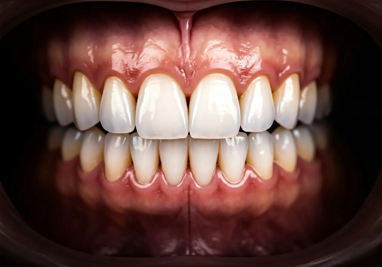 A close-up of gleaming, white teeth under bright lighting. 35mm stock photo