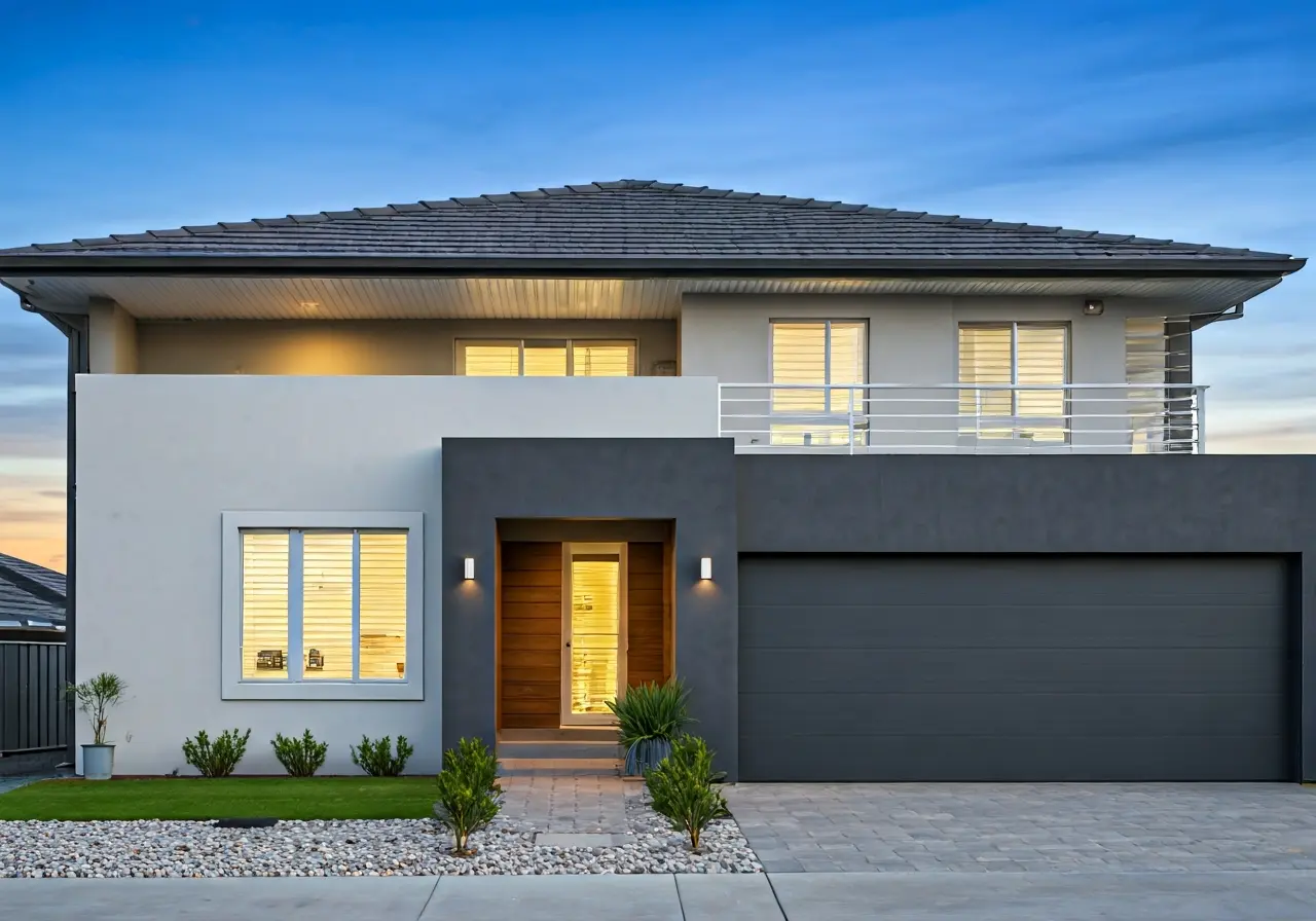 A modern home with visible security cameras and alarm system. 35mm stock photo