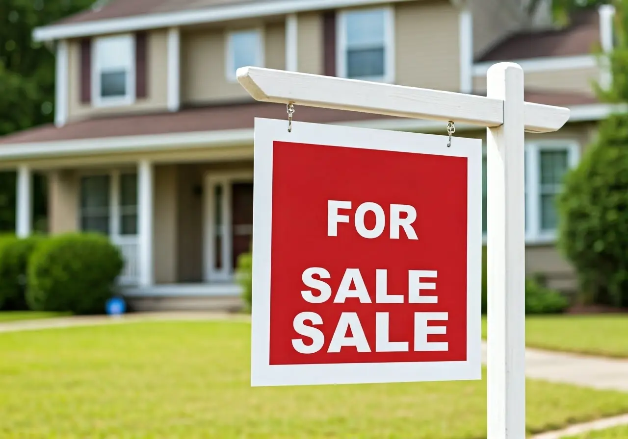 A For Sale sign in front of a well-kept house. 35mm stock photo