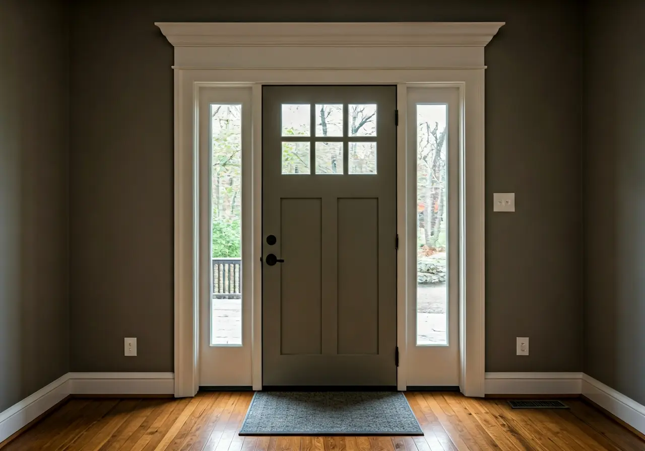 A stylish egress door in a cozy Hudson Valley home. 35mm stock photo
