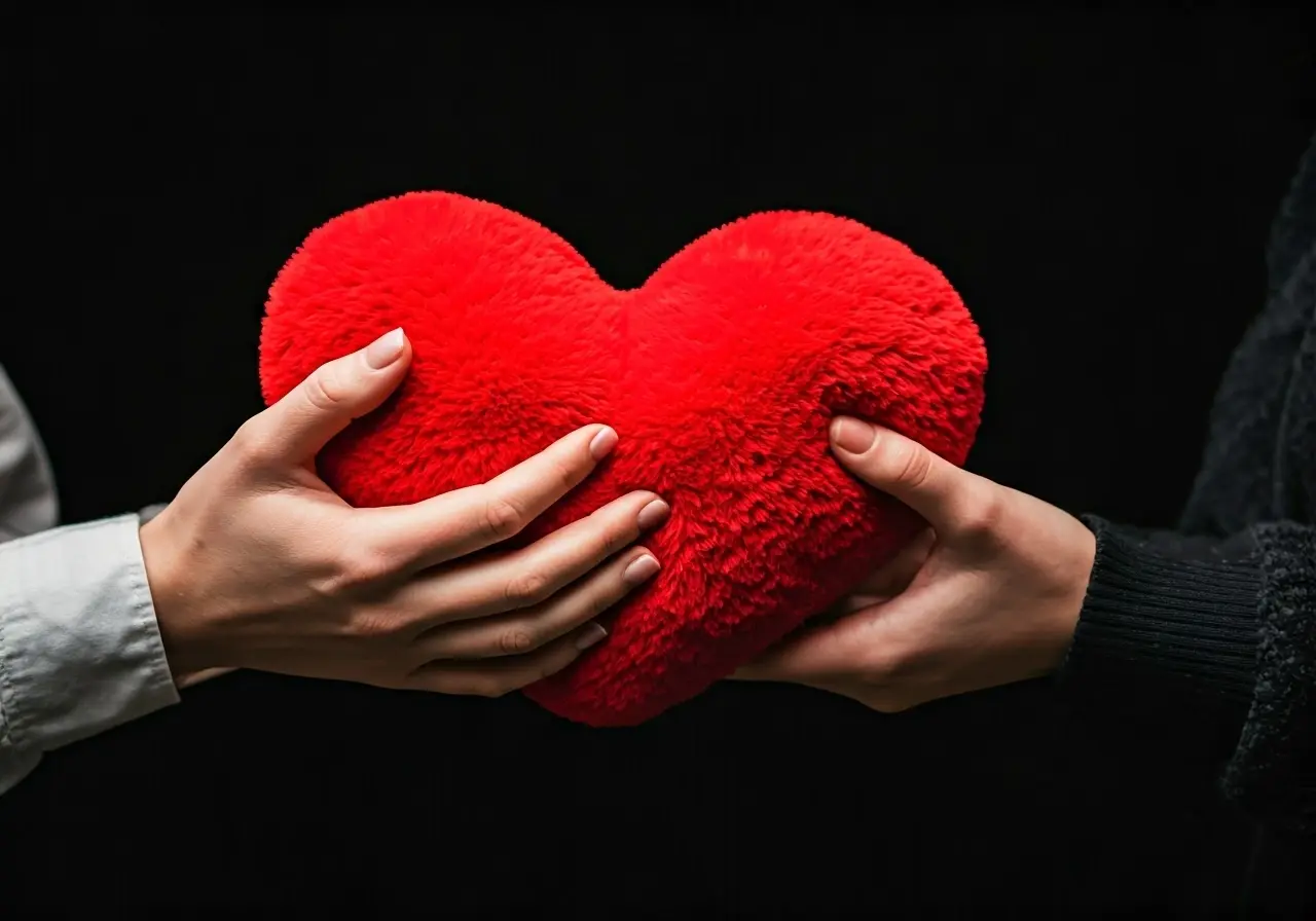 Two hands gently holding a heart-shaped red cushion. 35mm stock photo