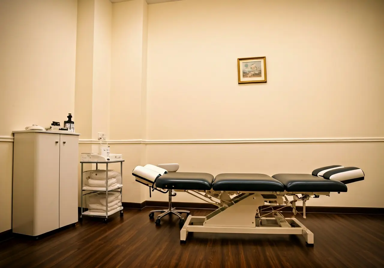 A serene chiropractic office with a treatment table and tools. 35mm stock photo