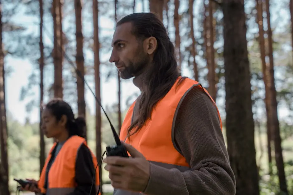 Volunteers wearing safety vests use radios in a forest setting for coordination.