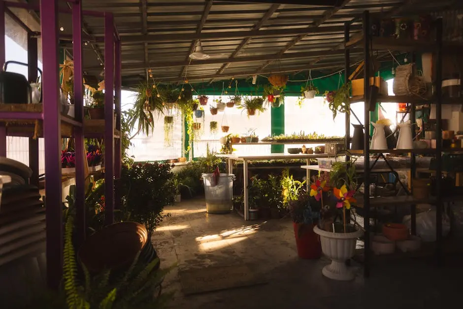 Warm and inviting plant shop featuring potted plants, decor, and natural sunlight indoors.