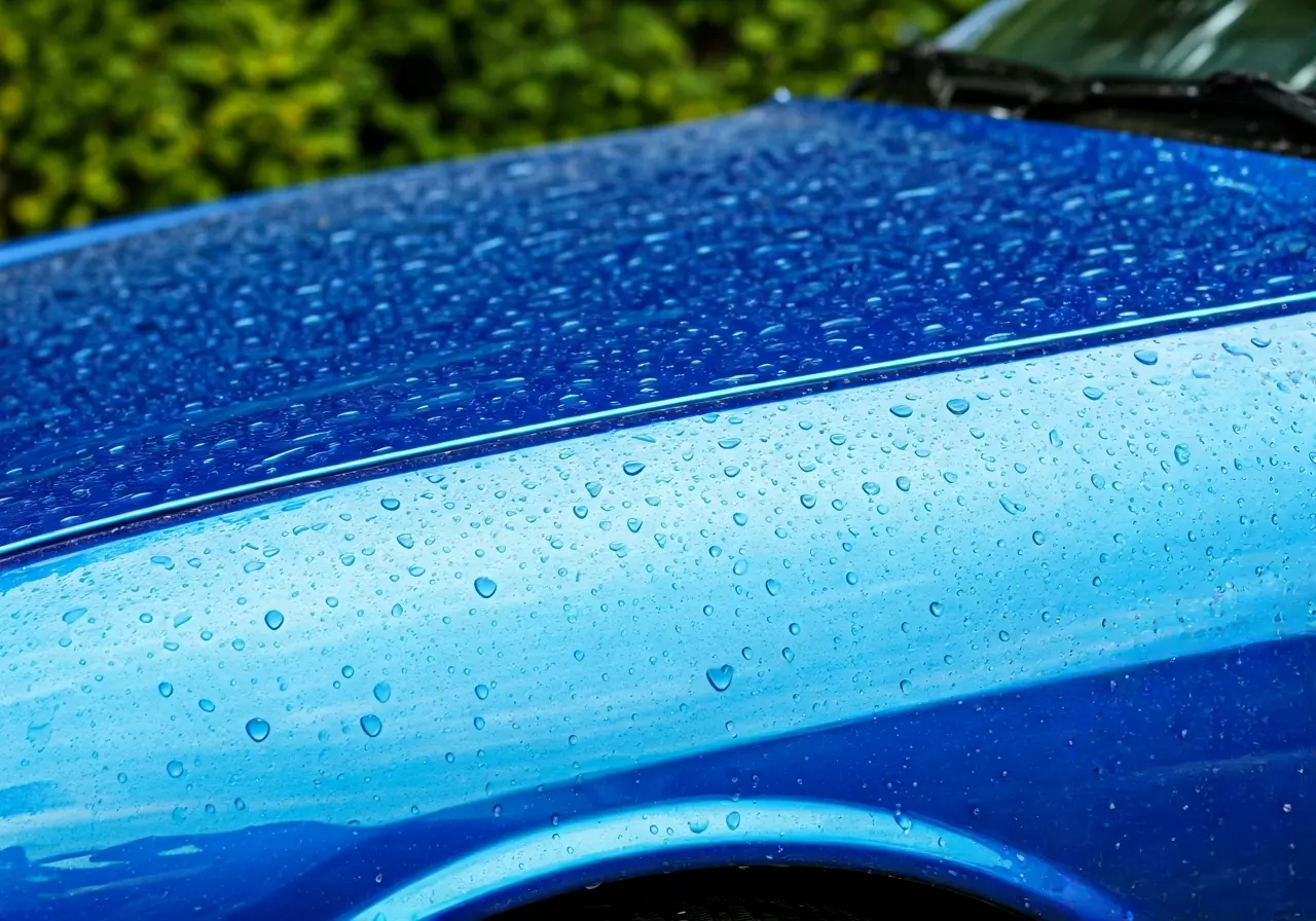 A shiny blue car with water beading on its surface. 35mm stock photo