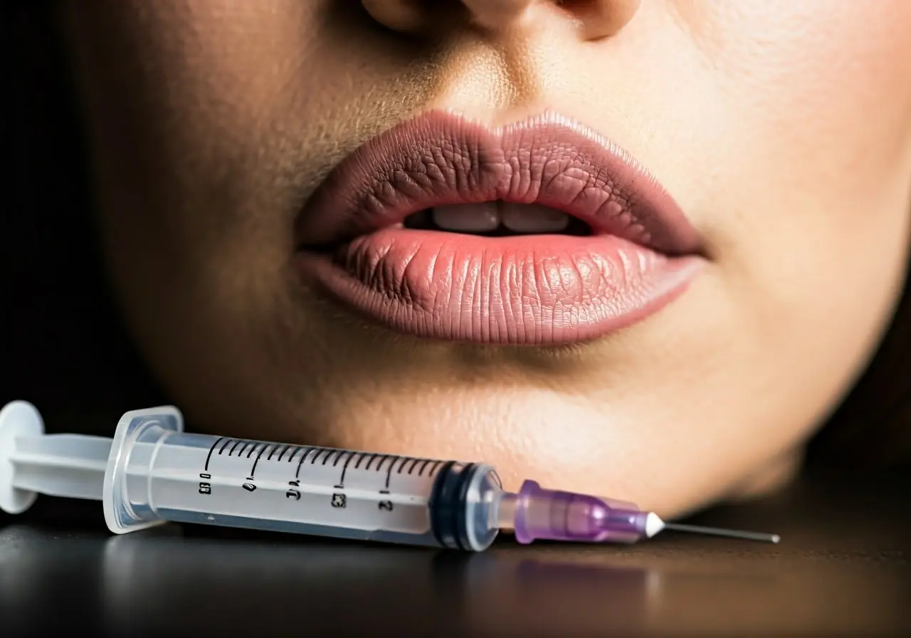 Close-up of lips with a syringe nearby on table. 35mm stock photo
