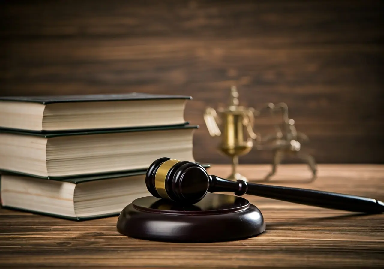 A gavel and law books on a wooden desk. 35mm stock photo