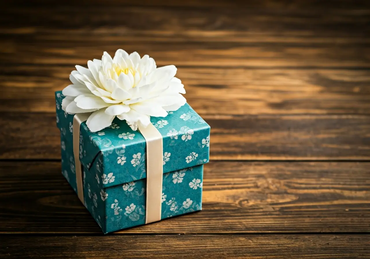 A beautifully wrapped gift box with elegant floral design. 35mm stock photo