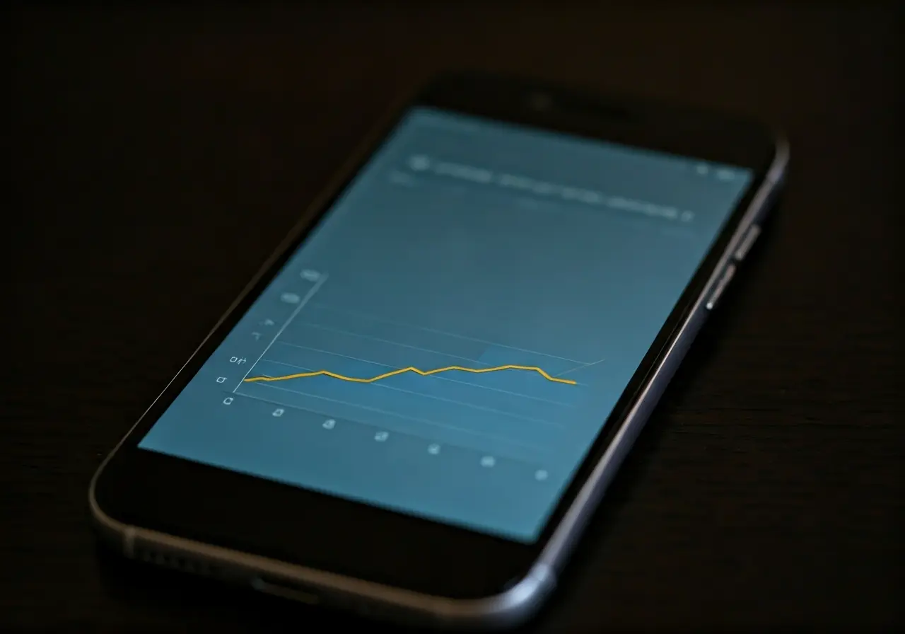 A smartphone displaying a graph of rising app store rankings. 35mm stock photo