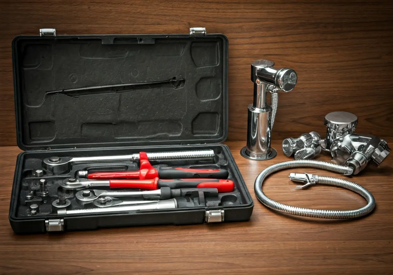 A toolkit laid out next to shower plumbing fixtures. 35mm stock photo
