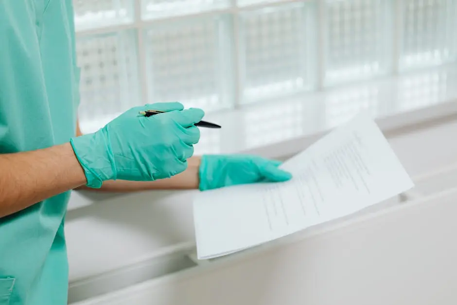Close-up of a healthcare professional in gloves holding and reading a medical document indoors.