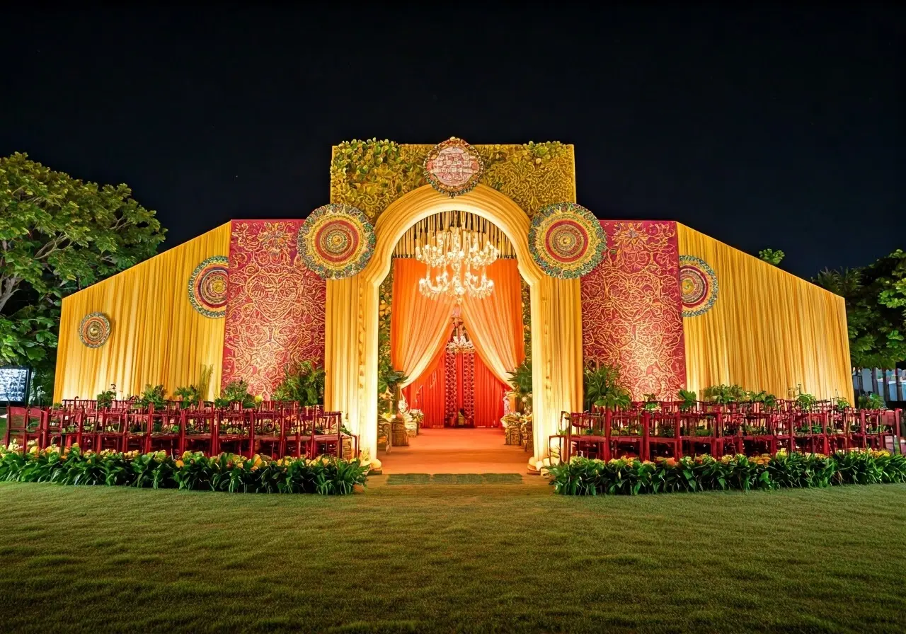 A bustling event setup with colorful decorations and signage. 35mm stock photo