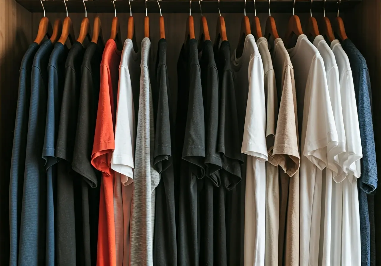 A neatly organized wardrobe featuring various trendy t-shirts. 35mm stock photo