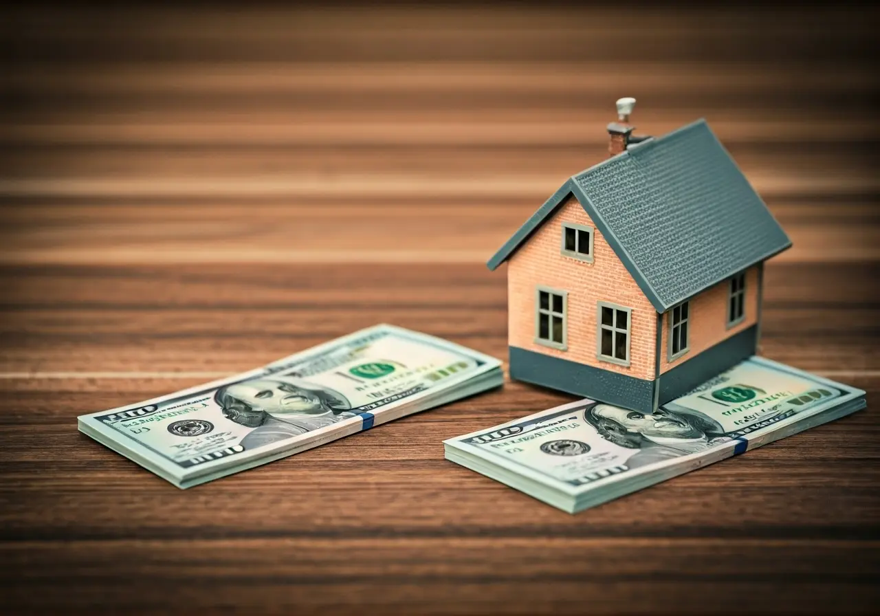 A pile of dollar bills next to a small house model. 35mm stock photo