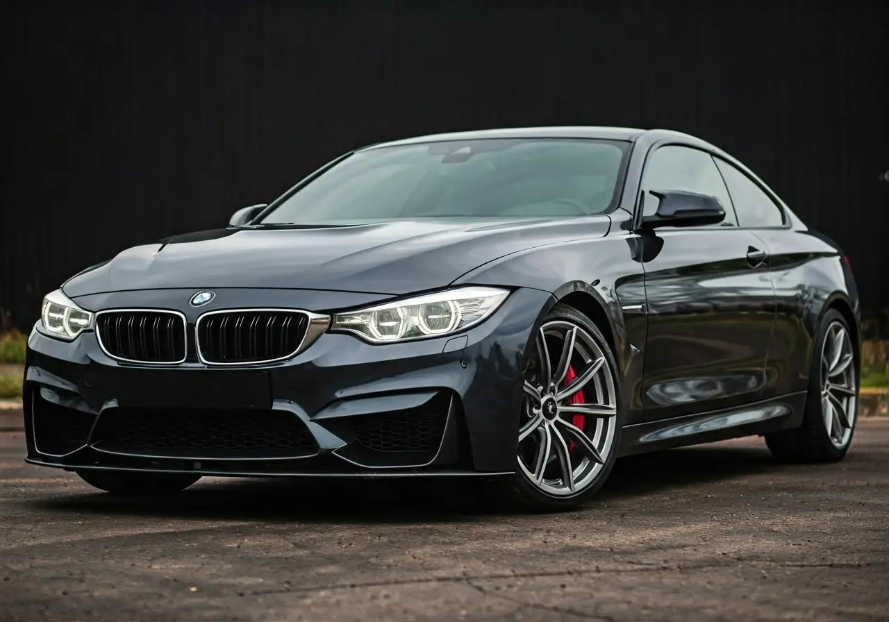 A shiny car reflecting light, showcasing its glossy ceramic coating. 35mm stock photo
