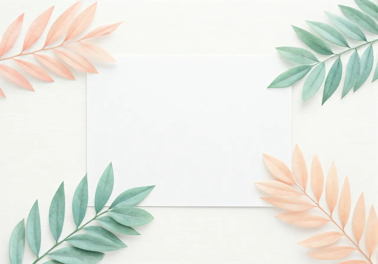 Soft pastel watercolor leaves framing a blank invitation card. 35mm stock photo