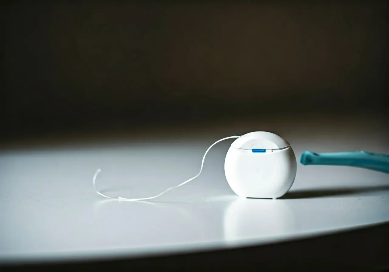 A toothbrush and dental floss on a clean, white counter. 35mm stock photo