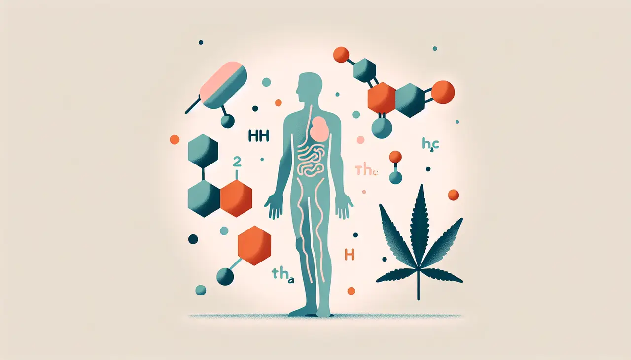 Draw a graphic in flat design style. A flat design illustration of the human body with highlighted areas showing cannabinoid receptors, accompanied by a floating THC-A molecular structure.