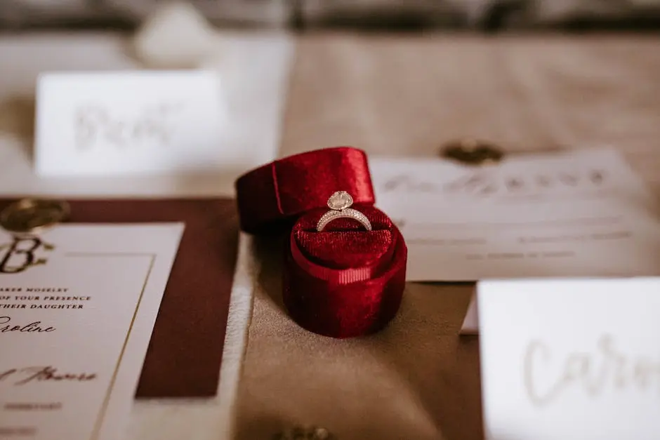 A close-up of an elegant diamond engagement ring in a red velvet box, surrounded by invitations.