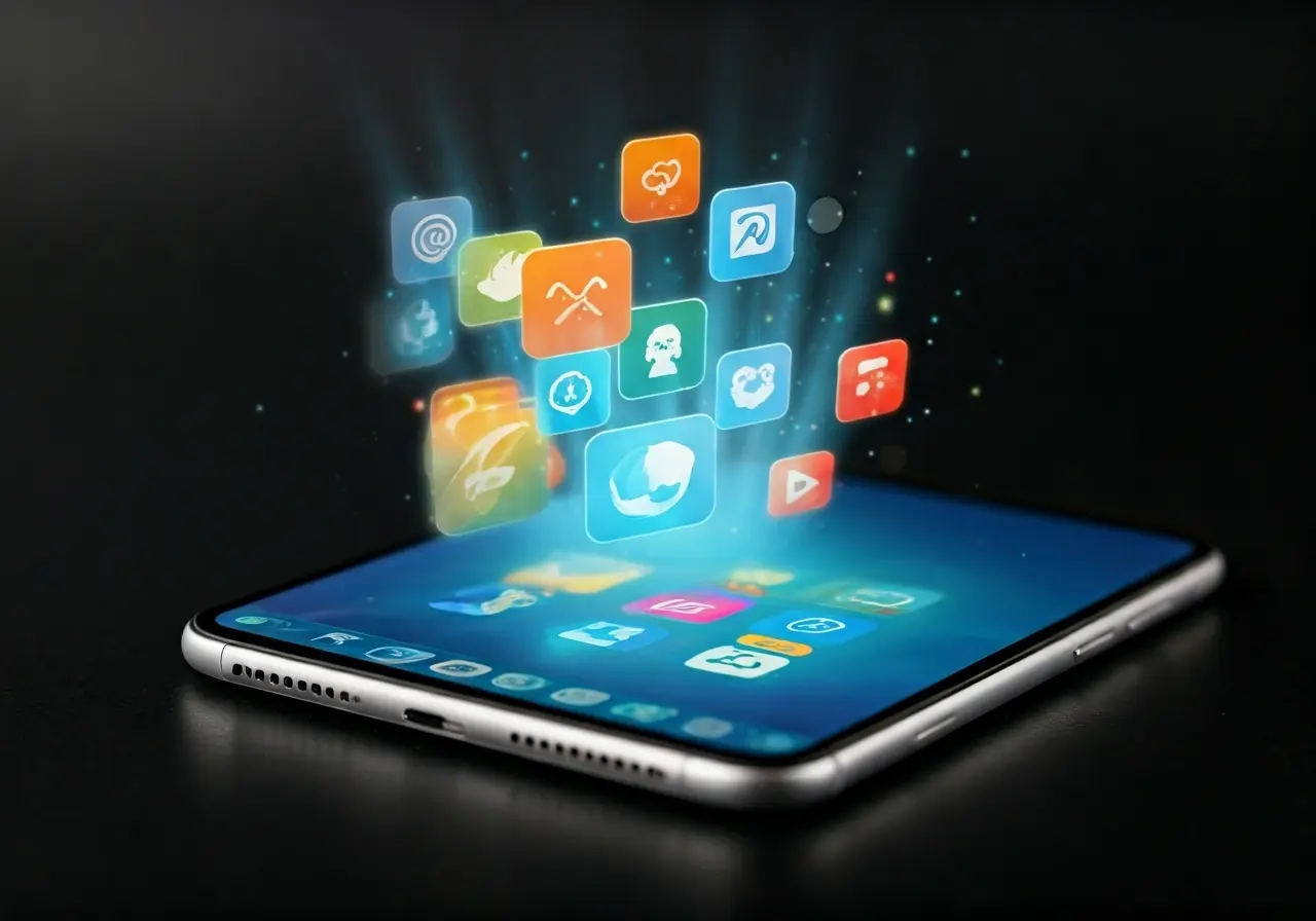 A smartphone with holographic app icons floating above. 35mm stock photo
