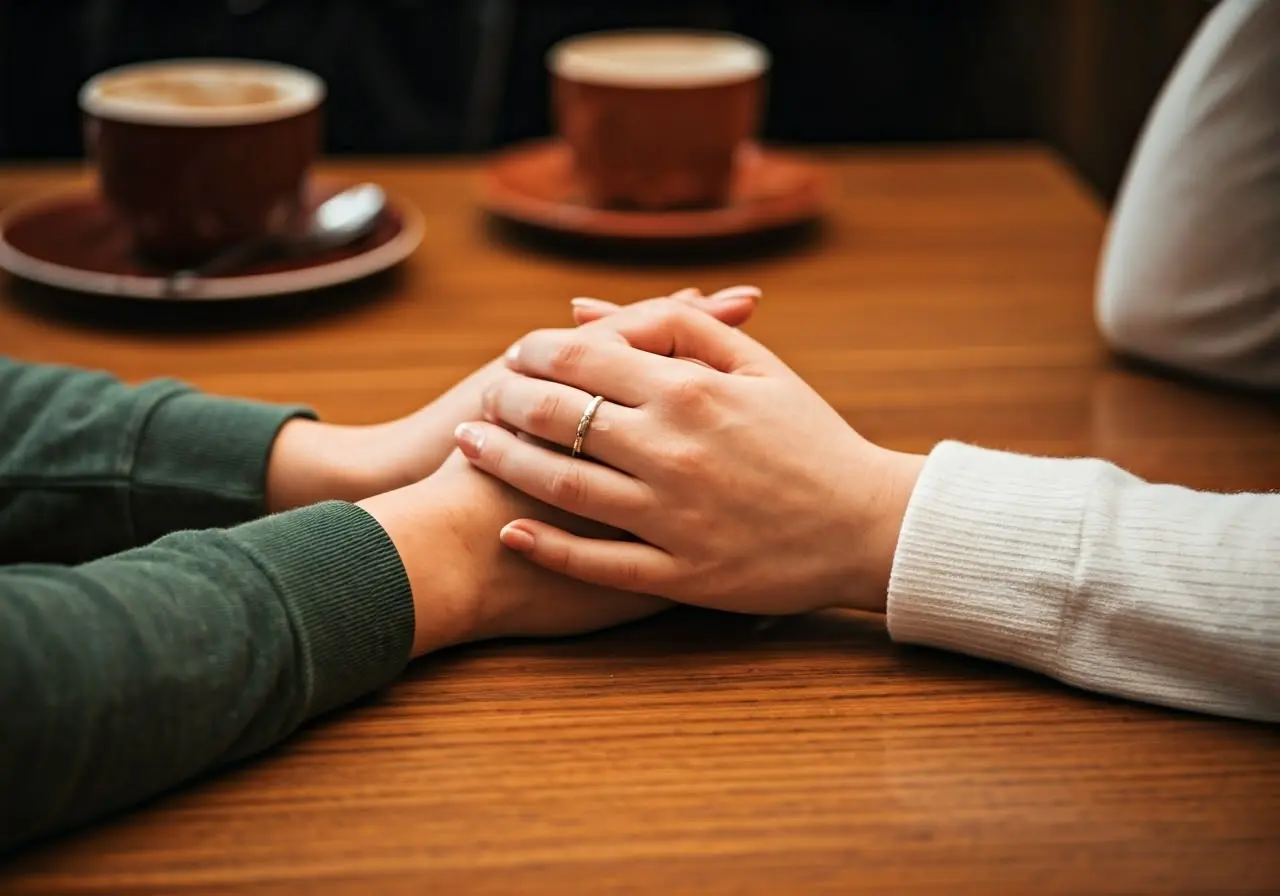 Two hands intertwined over a wooden table with coffee cups. 35mm stock photo