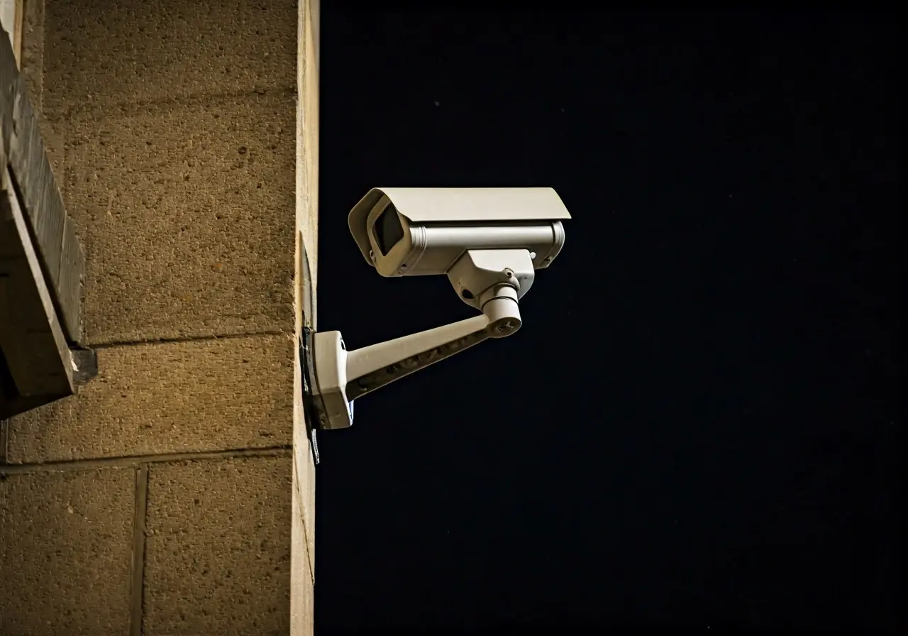 A CCTV camera mounted on a building in Pendleton. 35mm stock photo