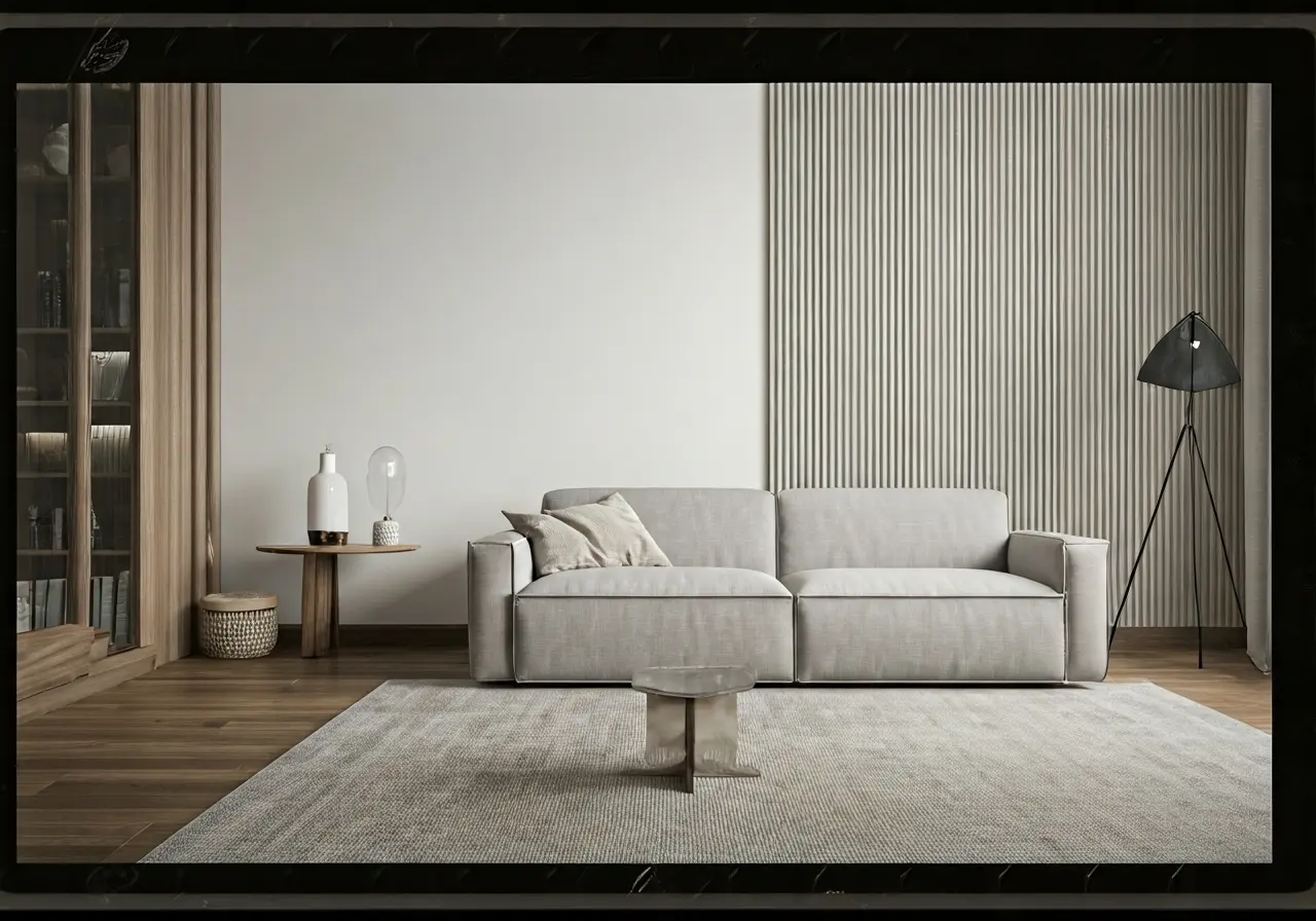 A minimalist living room with stylish, neutral-colored decor. 35mm stock photo