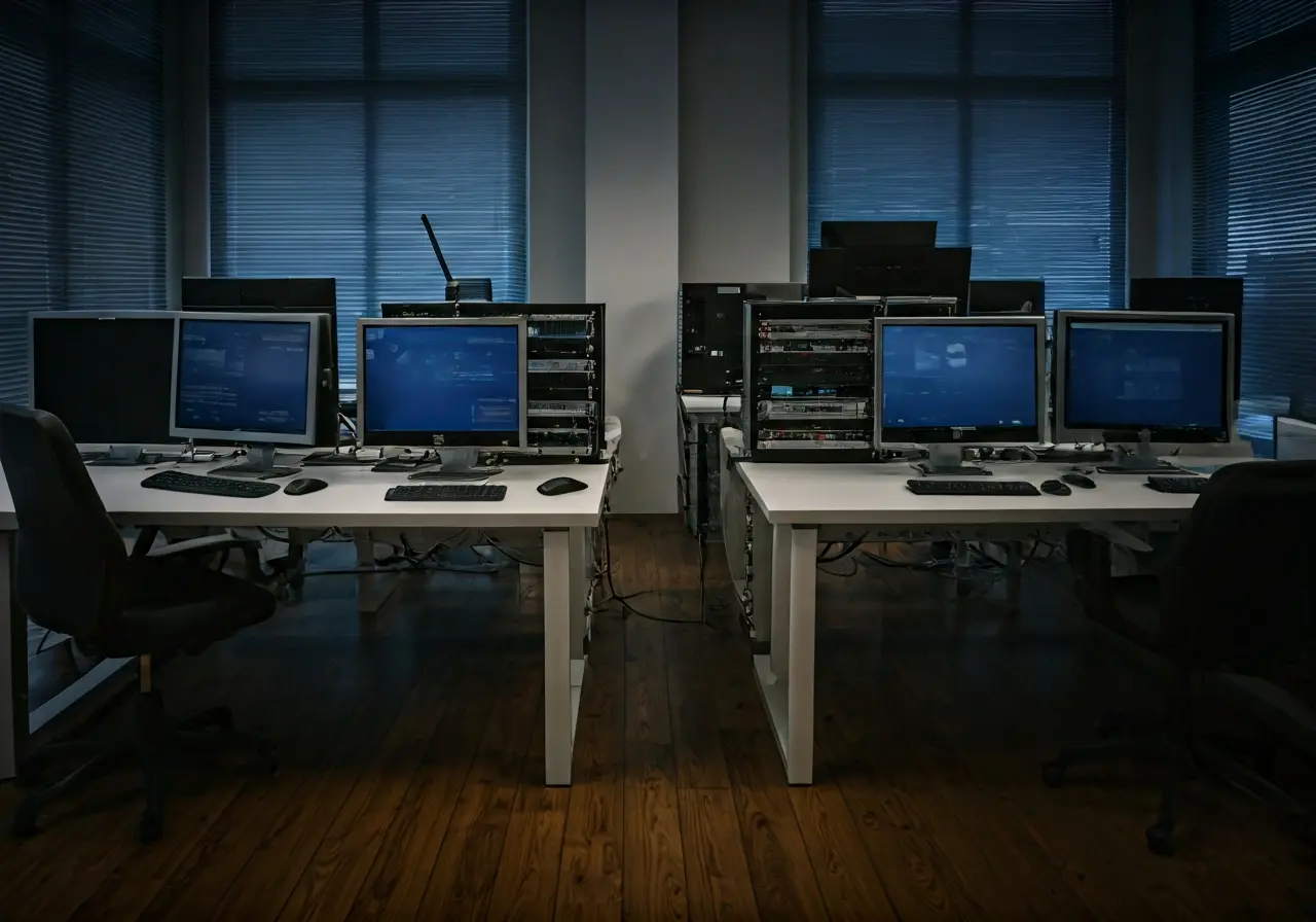A modern office with multiple computers and networking equipment. 35mm stock photo